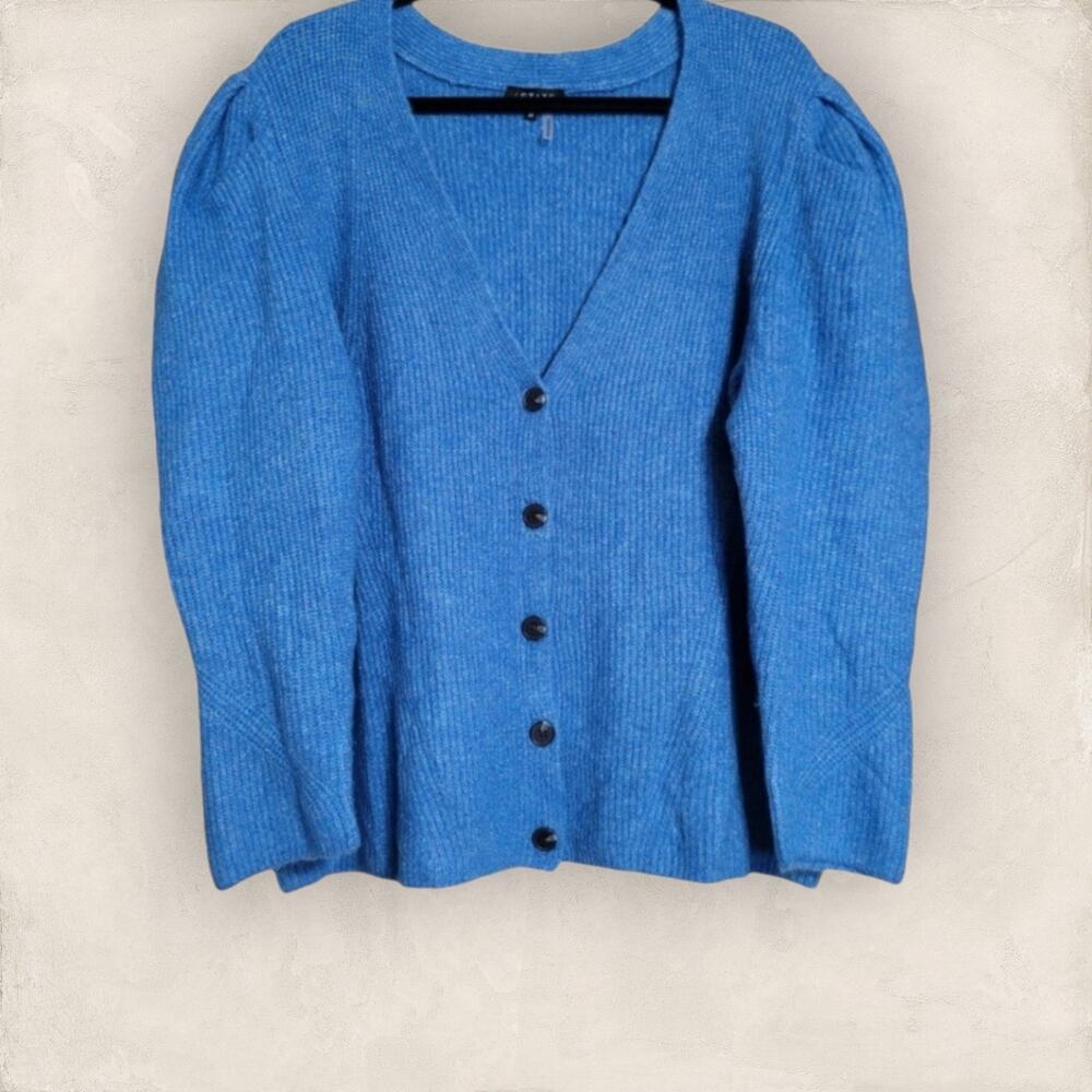 1. STATE Blue Button-Down Cardigan with V-Neckline and Puff Sleeves, Size 2X